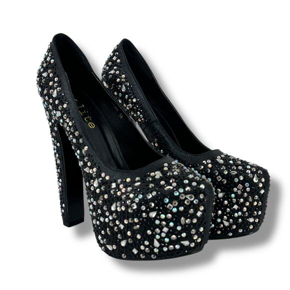 Delite Caroline Black Rhinestone Platform Pumps Heels Womens Size 38 7.5 8 - Picture 2 of 12